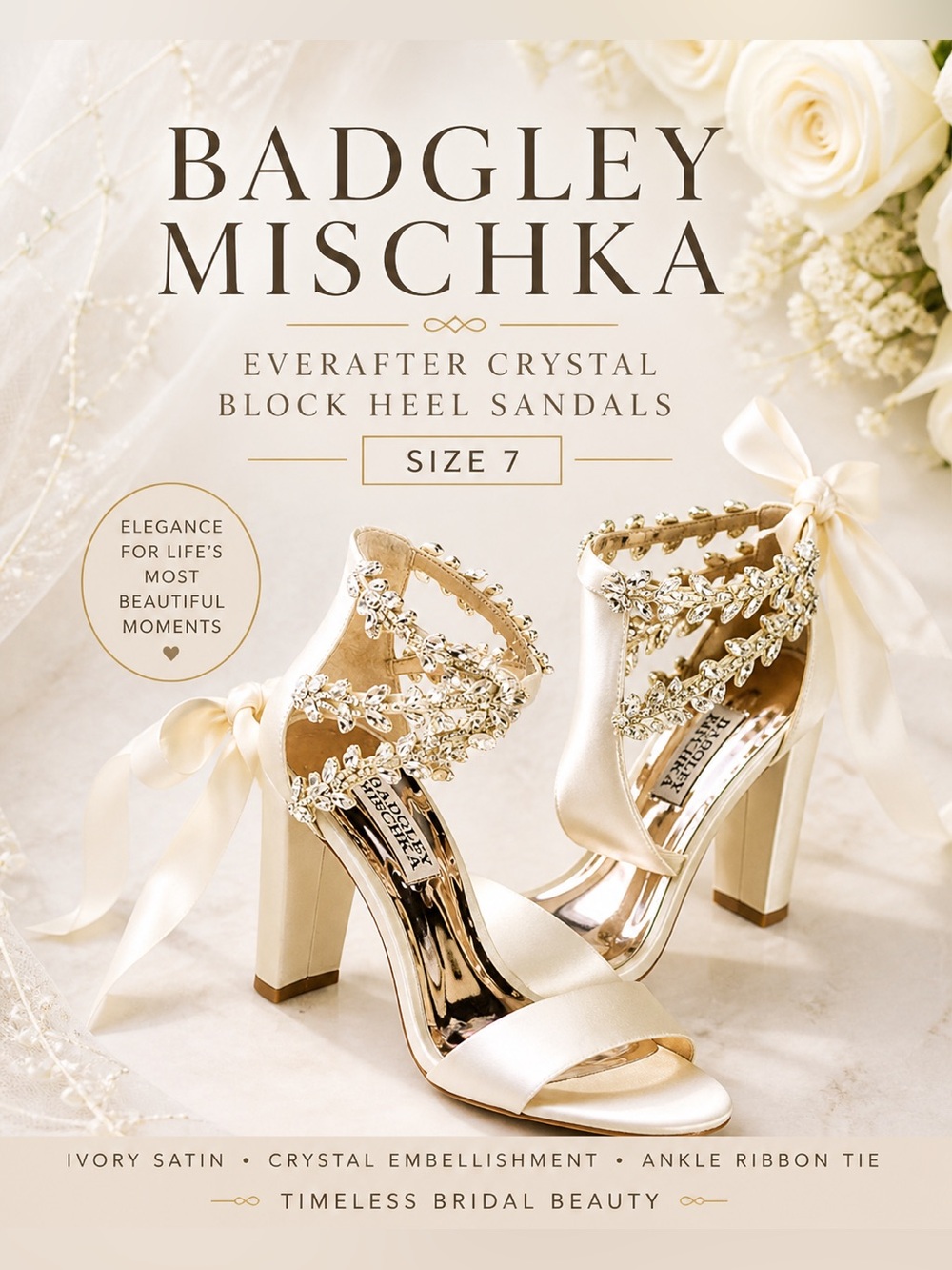 Badgley Mischka Everafter Crystal Block Heel Sandals Ivory Size 7